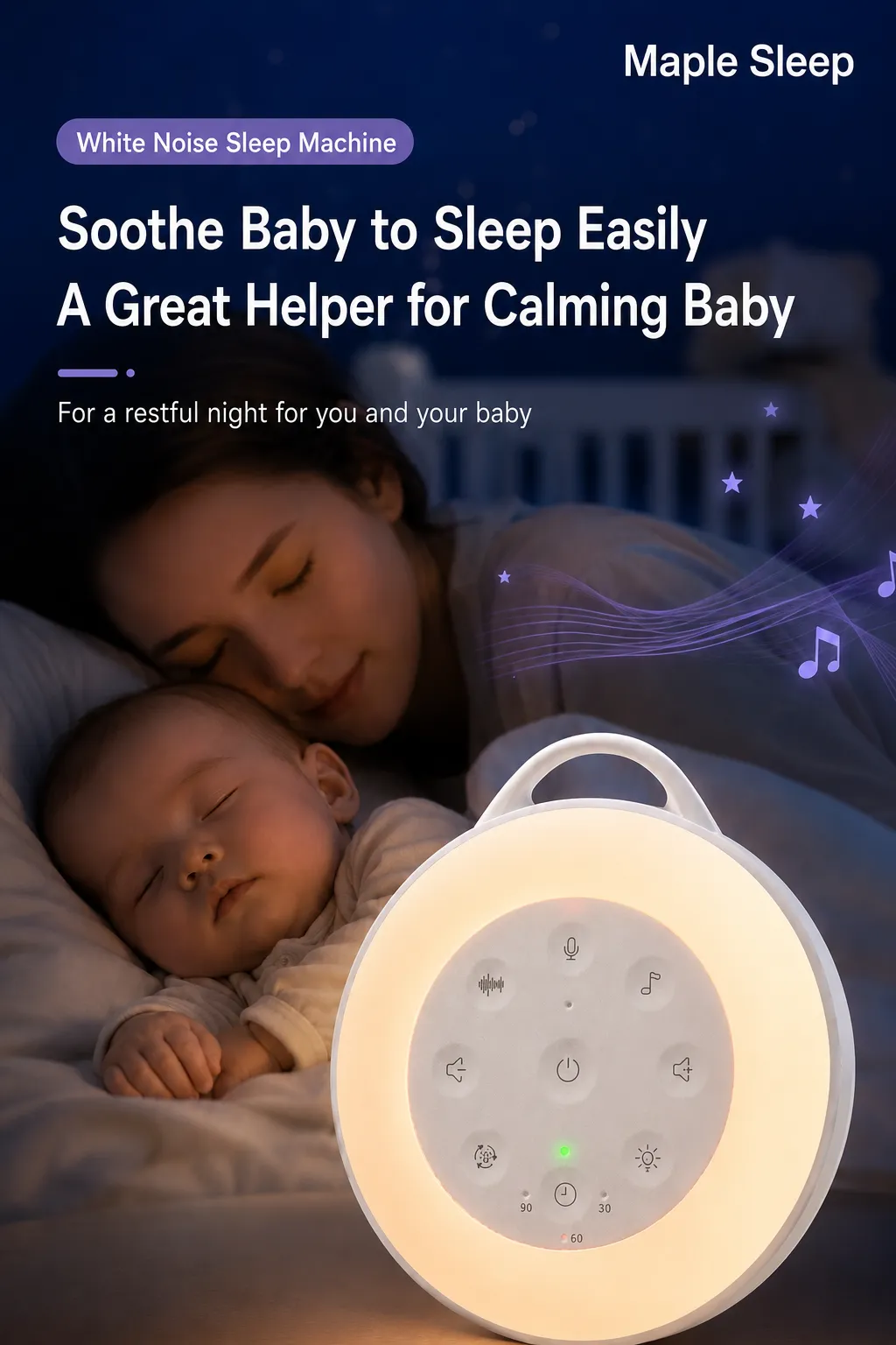 Maple Sleep Baby White Noise Machine with Night Light & Soothing Sounds