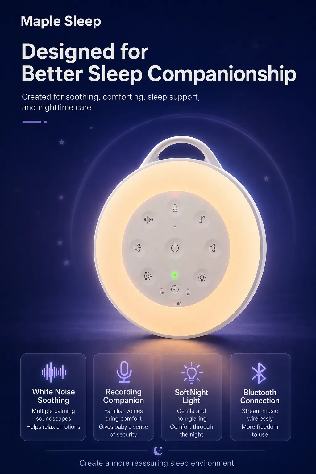 Maple Sleep Baby White Noise Machine with Night Light & Soothing Sounds