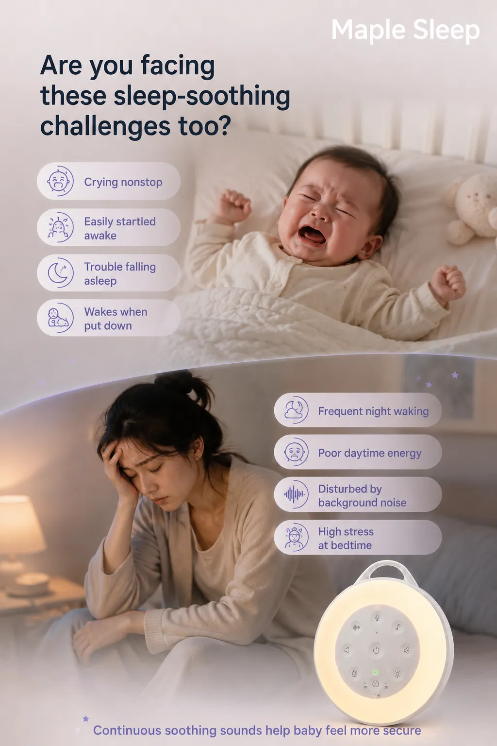 Maple Sleep Baby White Noise Machine with Night Light & Soothing Sounds