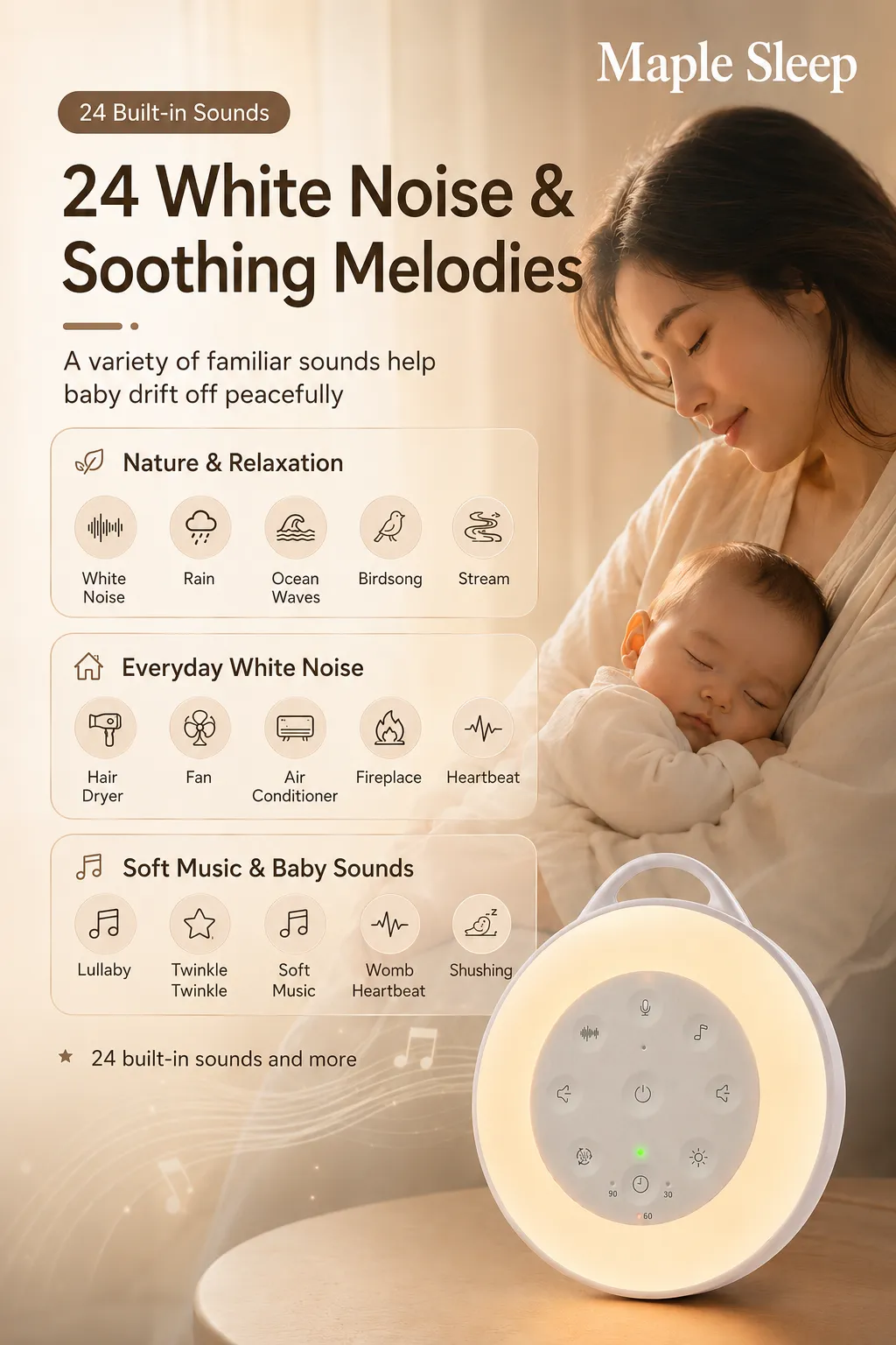 Maple Sleep Baby White Noise Machine with Night Light & Soothing Sounds