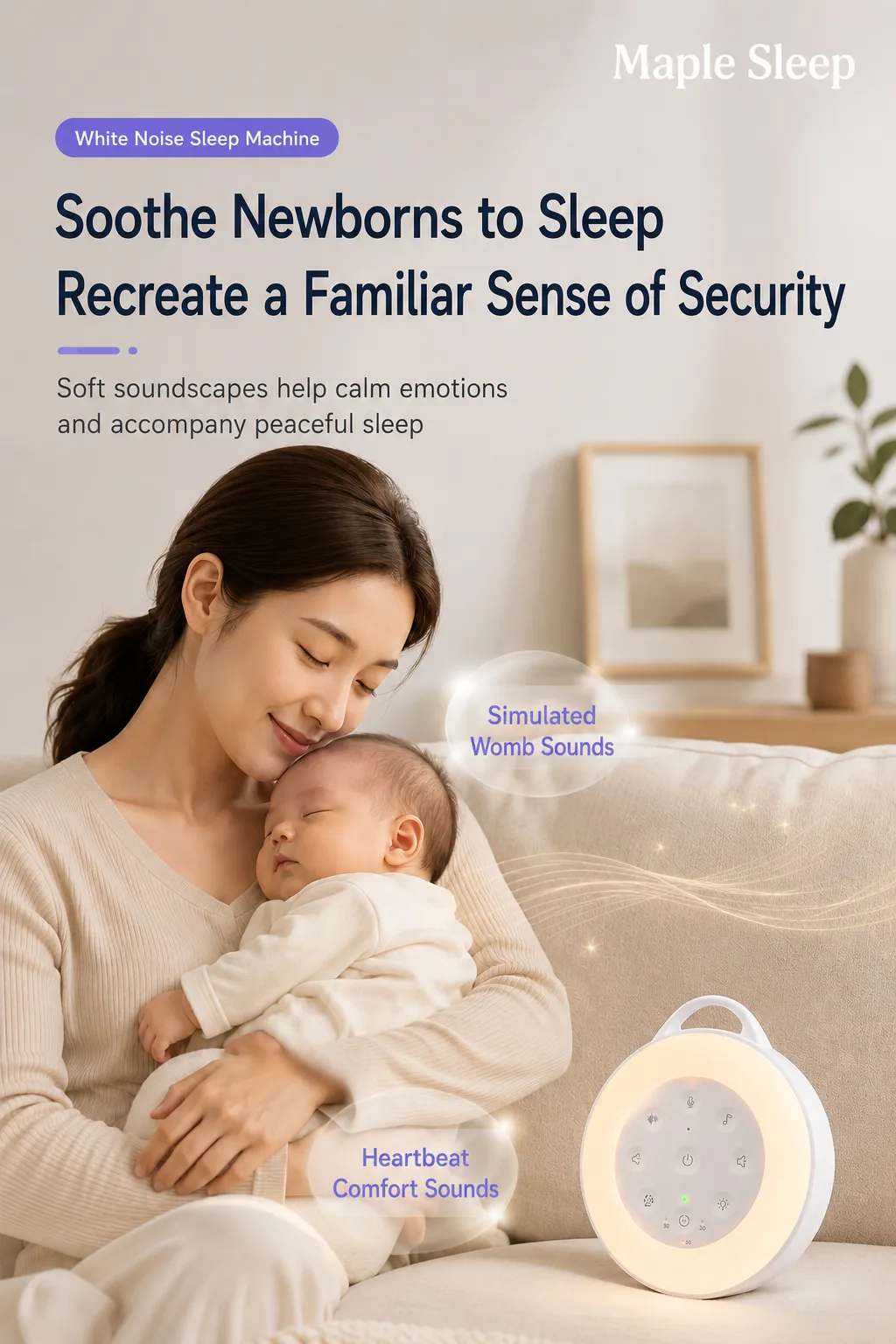 Maple Sleep Baby White Noise Machine with Night Light & Soothing Sounds