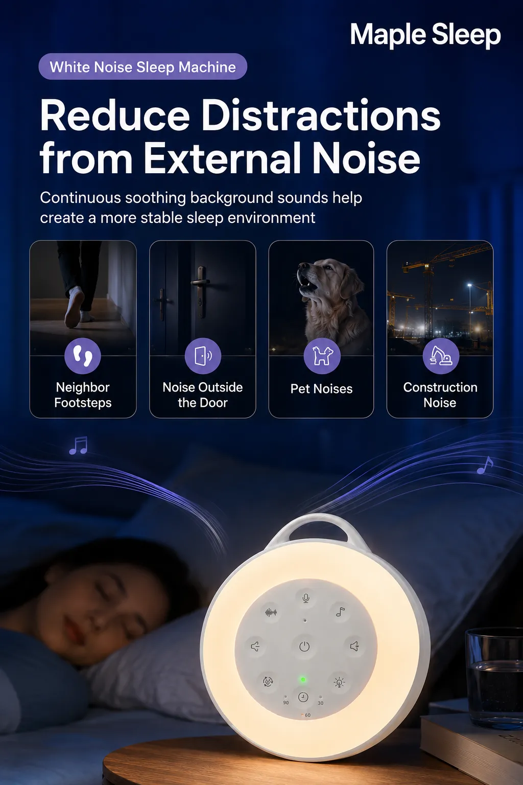 Maple Sleep Baby White Noise Machine with Night Light & Soothing Sounds