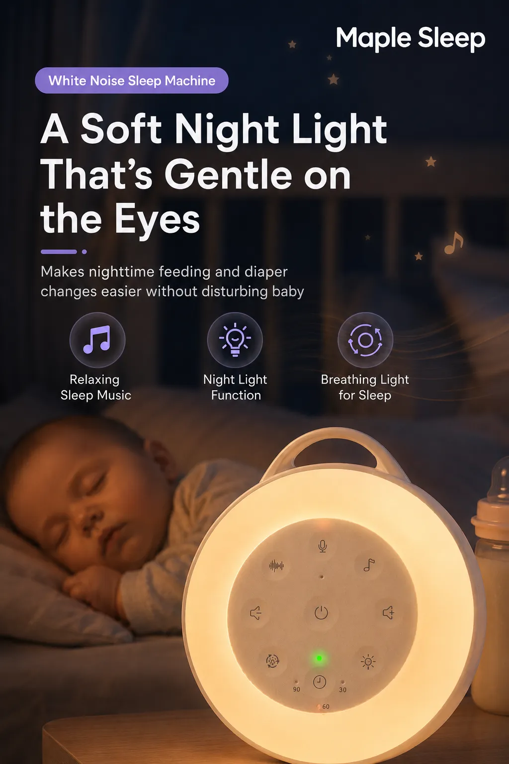 Maple Sleep Baby White Noise Machine with Night Light & Soothing Sounds